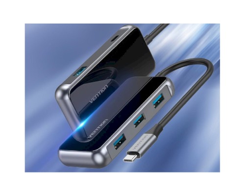 Концентратор Vention USB 3.1 Type-C to 4хUSB 3.0/PD 87W 5-in-1 Gray Mirrored Surface (TFDHB)
