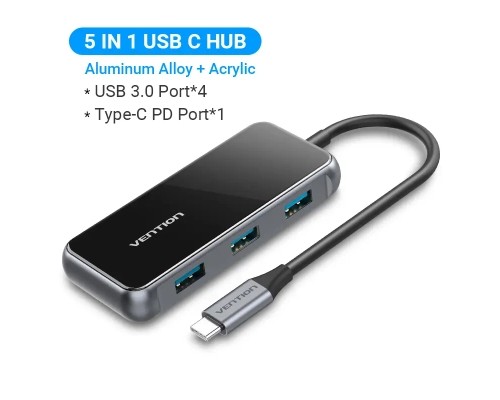 Концентратор Vention USB 3.1 Type-C to 4хUSB 3.0/PD 87W 5-in-1 Gray Mirrored Surface (TFDHB)