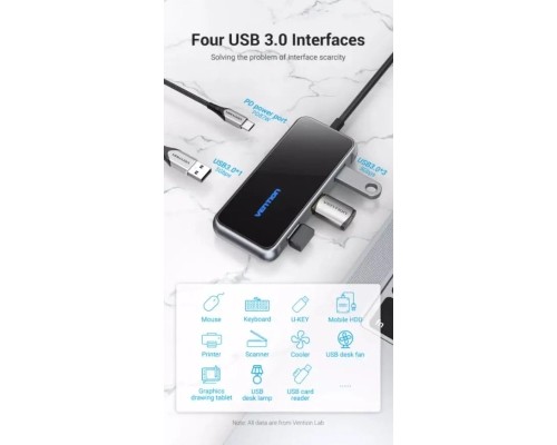 Концентратор Vention USB 3.1 Type-C to 4хUSB 3.0/PD 87W 5-in-1 Gray Mirrored Surface (TFDHB)