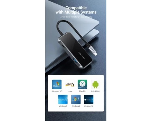 Концентратор Vention USB 3.1 Type-C to 4хUSB 3.0/PD 87W 5-in-1 Gray Mirrored Surface (TFDHB)
