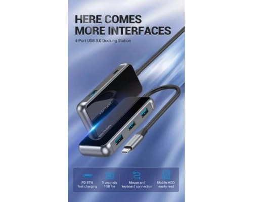 Концентратор Vention USB 3.1 Type-C to 4хUSB 3.0/PD 87W 5-in-1 Gray Mirrored Surface (TFDHB)