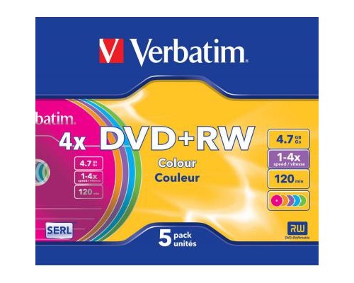 Диск DVD Verbatim 4.7Gb 4x SlimCase 5шт Color (43297)