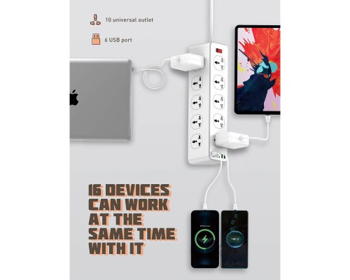 Мережевий фільтр живлення LDNIO SC10610, 5роз + 3USB (SC10610)