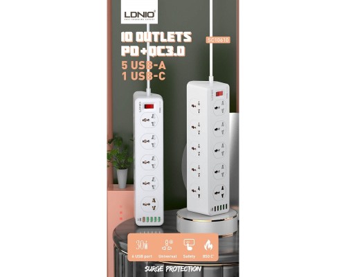 Мережевий фільтр живлення LDNIO SC10610, 5роз + 3USB (SC10610)