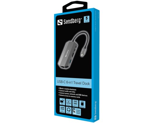 Концентратор Sandberg USB3.1 Type-C to HDMI/USB 3.0x2/RJ45/SD/TF/PD 100W 6in1 (136-33)