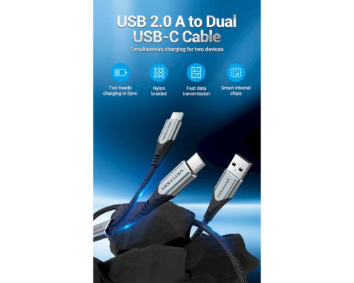 Дата кабель USB 2.0 AM to 2хUSB-C M 1.0m Y-Splitter Charging Cable 2.4А 480Mbps Aluminum Al Vention (CQOHF)