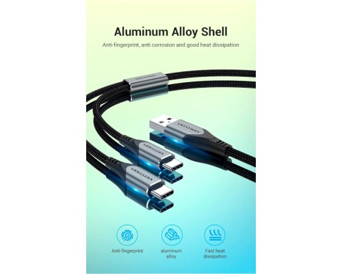 Дата кабель USB 2.0 AM to 2хUSB-C M 1.0m Y-Splitter Charging Cable 2.4А 480Mbps Aluminum Al Vention (CQOHF)