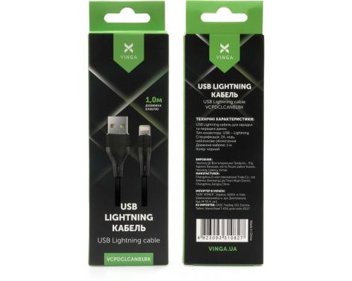 Дата кабель USB 2.0 AM to Lightning 1.0m cylindric nylon back Vinga (VCPDCLCANB1BK)
