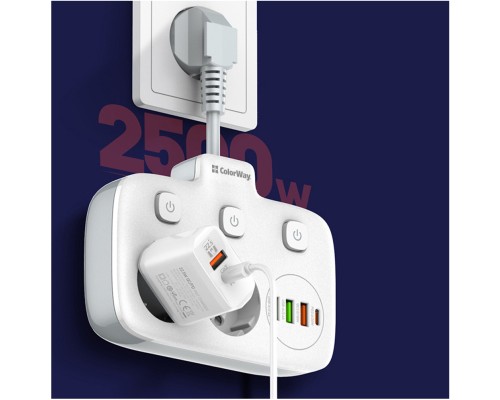 Мережевий фільтр живлення ColorWay CW-CHE24PDW 2 розетки/4USB (CW-CHE24PDW)