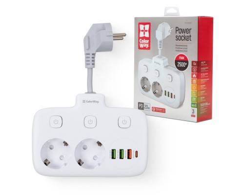 Мережевий фільтр живлення ColorWay CW-CHE24PDW 2 розетки/4USB (CW-CHE24PDW)