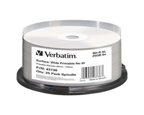 Диск BD Verbatim 25Gb 6x Cacke 25шт Wide Printable (43738)