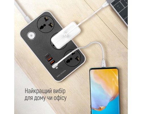 Мережевий фільтр живлення ColorWay CW-CHU34PDB, 3 розетки/4USB Black 2M (CW-CHU34PDB)