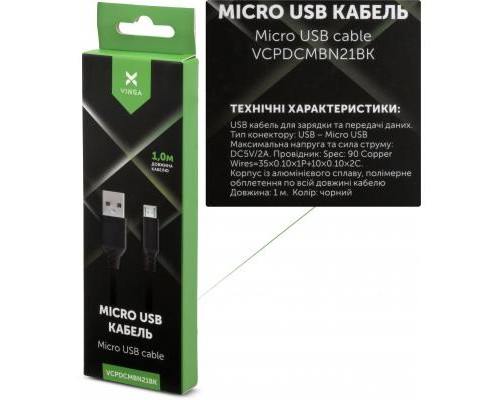 Дата кабель USB 2.0 AM to Micro 5P nylon 1m black Vinga (VCPDCMBN21BK)