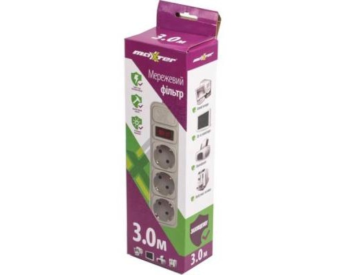 Мережевий фільтр живлення Maxxter SPM3-G-10G серый 3 м кабель, 3 розетки (SPM3-G-10G)