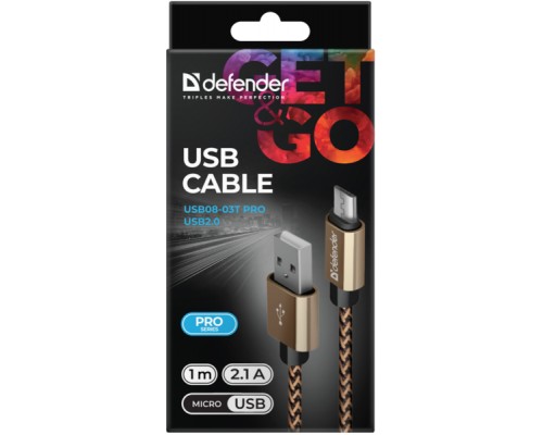 Дата кабель USB 2.0 AM to Micro 5P 1.0m USB08-03T gold Defender (87800)