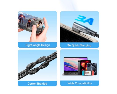 Дата кабель USB-C to USB-C 0.5m USB2.0 60W (20V/3A) angle 90° Gray Aluminum Alloy Vention (TRAHD)