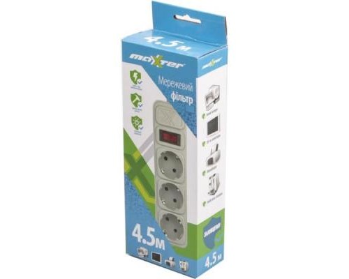 Мережевий фільтр живлення Maxxter SPM3-G-15G grey, 4.5 м кабель, 3 розетки (SPM3-G-15G)