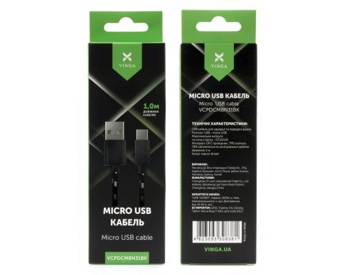 Дата кабель USB 2.0 AM to Micro 5P 2color nylon 1m black Vinga (VCPDCMBN31BK)