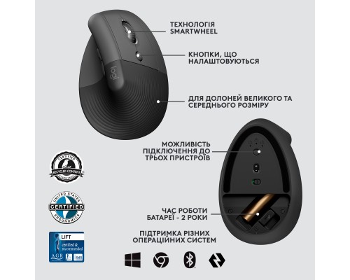 Мишка Logitech Lift Vertical Ergonomic Wireless/Bluetooth for Business Graphite (910-006494)