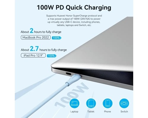 Дата кабель USB-C to USB-C 1.0m USB2.0 100W (20V/5A) Light Green Silicone Vention (TAWGF)