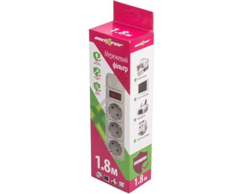 Мережевий фільтр живлення Maxxter SPM3-G-6G серый 1.8 м кабель, 3 розетки (SPM3-G-6G)