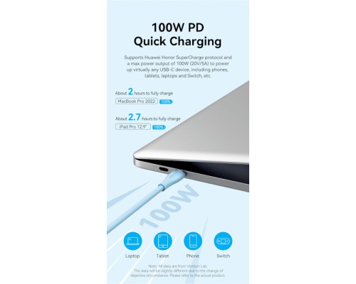 Дата кабель USB-C to USB-C 2.0m USB2.0 100W (20V/5A) Light Blue Silicone Vention (TAWSH)