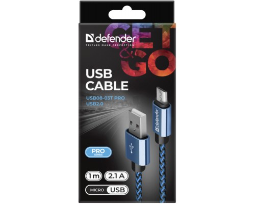 Дата кабель USB 2.0 AM to Micro 5P 1.0m USB08-03T blue Defender (87805)
