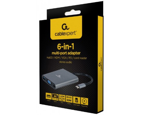 Концентратор Cablexpert USB-C 6-in-1 (Hub3.1/HDMI/VGA/PD/card-reader/audio) (A-CM-COMBO6-01)