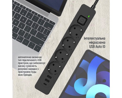 Мережевий фільтр живлення ColorWay CW-CHE432PDB, 4 розетки/3USB 2M (CW-CHE432PDB)