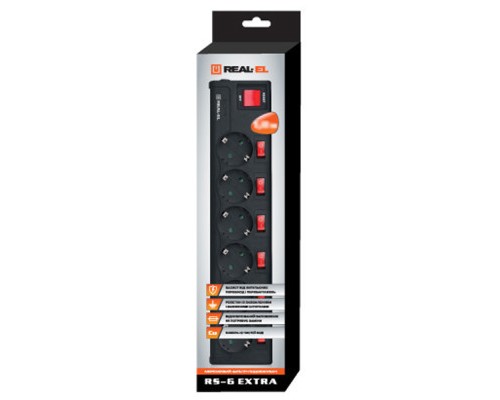 Мережевий фільтр живлення REAL-EL RS-6 EXTRA 3m, black (EL122300002)