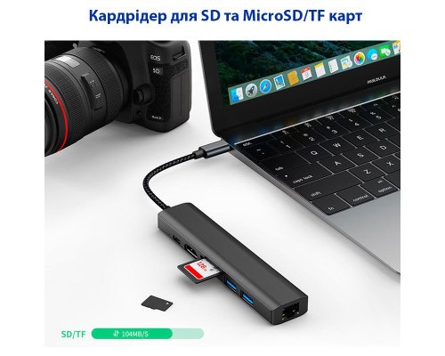 Концентратор Dynamode 7-in-1 USB-C to HDTV 4K/30Hz, 2хUSB3.0, RJ45, USB-C PD 100W, SD/MicroSD (BYL-2303)