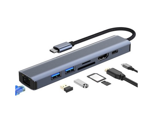 Концентратор Dynamode 7-in-1 USB-C to HDTV 4K/30Hz, 2хUSB3.0, RJ45, USB-C PD 100W, SD/MicroSD (BYL-2303)