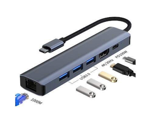 Концентратор Dynamode 7-in-1 USB-C to HDTV 4K/30Hz, 2хUSB3.0, RJ45, USB-C PD 100W, SD/MicroSD (BYL-2303)