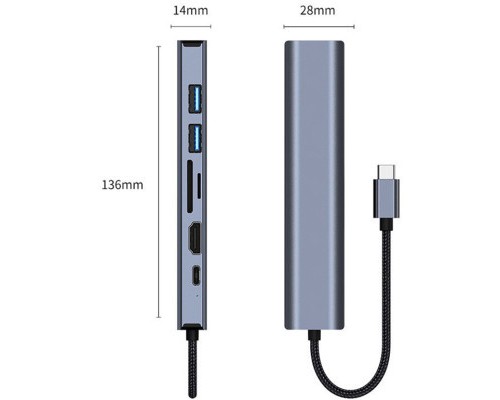 Концентратор Dynamode 7-in-1 USB-C to HDTV 4K/30Hz, 2хUSB3.0, RJ45, USB-C PD 100W, SD/MicroSD (BYL-2303)