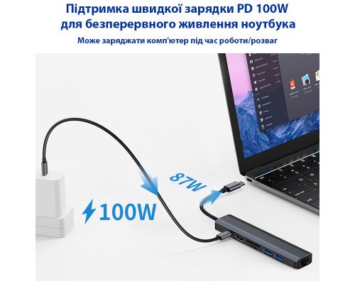 Концентратор Dynamode 7-in-1 USB-C to HDTV 4K/30Hz, 2хUSB3.0, RJ45, USB-C PD 100W, SD/MicroSD (BYL-2303)