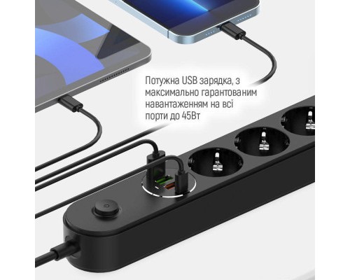 Мережевий фільтр живлення ColorWay CW-CHE44PDB, 4 розетки/4USB 2M (CW-CHE44PDB)