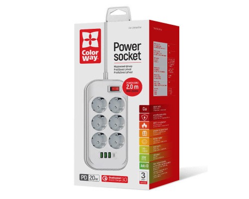 Мережевий фільтр живлення ColorWay CW-CHE64PDW, 6 розеток/4USB 2M (CW-CHE64PDW)