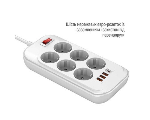 Мережевий фільтр живлення ColorWay CW-CHE64PDW, 6 розеток/4USB 2M (CW-CHE64PDW)