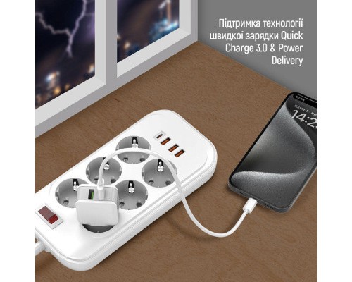 Мережевий фільтр живлення ColorWay CW-CHE64PDW, 6 розеток/4USB 2M (CW-CHE64PDW)