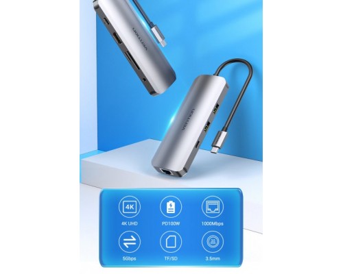 Концентратор Vention USB3.1 Type-C --> HDMI/USB 3.0x2/RJ45/USB-C/SD/TF/TRRS 3.5mm (TOMHB)