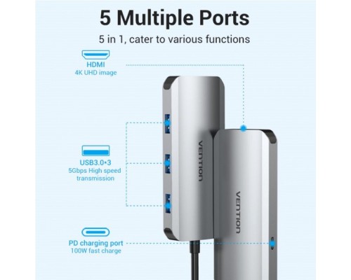 Концентратор Vention USB3.1 Type-C --> HDMI/USB 3.0x3/PD 100W Hub 5-in-1 (TODHB)