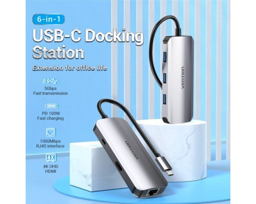 Концентратор Vention USB3.1 Type-C --> HDMI/USB 3.0x3/RJ45/PD 100W Hub 6-in-1 (TOHHB)