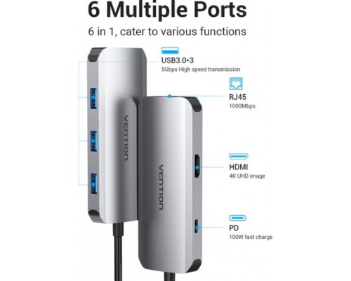 Концентратор Vention USB3.1 Type-C --> HDMI/USB 3.0x3/RJ45/PD 100W Hub 6-in-1 (TOHHB)