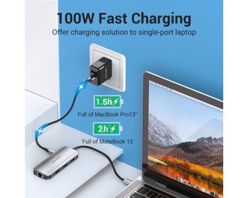 Концентратор Vention USB3.1 Type-C --> HDMI/USB 3.0x3/RJ45/PD 100W Hub 6-in-1 (TOHHB)
