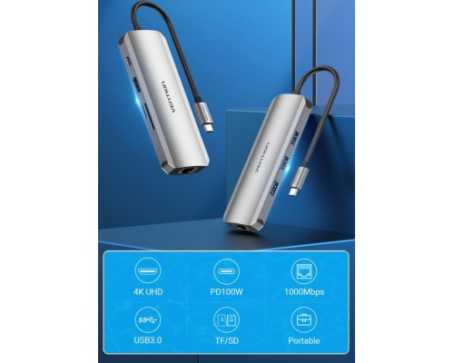 Концентратор Vention USB3.1 Type-C --> HDMI/USB 3.0x3/RJ45/SD/TF/PD 100W Hub 8-in (TOKHB)