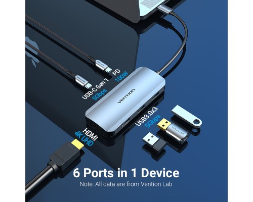 Концентратор Vention USB3.1 Type-C --> HDMI/USB-C Gen 1/USB 3.0x3/PD 100W Hub 6-i (TOFHB)