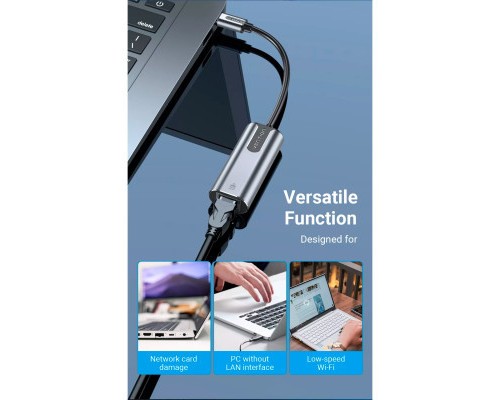 Перехідник USB3.1 Type-C to Ethernet RJ45 1000Mb Aluminum black Vention (CFNHB)