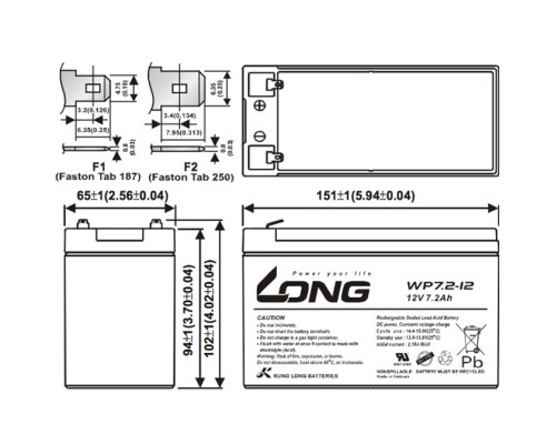 Батарея до ДБЖ Long 12В 7.2 Ач (WP7.2-12) (WP7.2-12A)