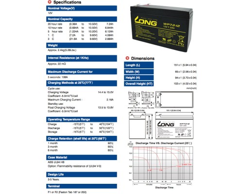 Батарея до ДБЖ Long 12В 7.2 Ач (WP7.2-12) (WP7.2-12A)