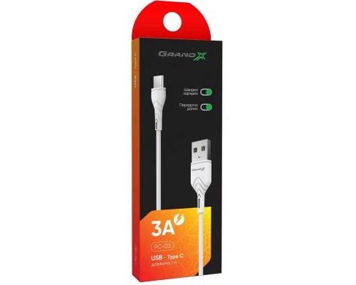 Дата кабель USB 2.0 AM to Type-C 1.0m White Grand-X (PC-03W)
